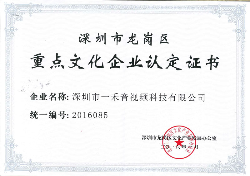一禾科技被評(píng)定為深圳市龍崗區(qū)重點(diǎn)文化企業(yè)